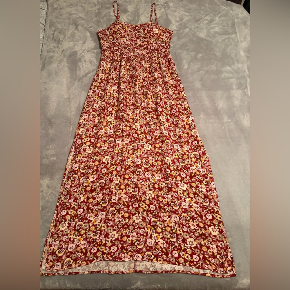 As U Wish Burgundy Floral Maxi Dress with double slits